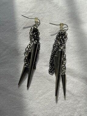 Dangle Silver Toned Spiked Earrings with Chains